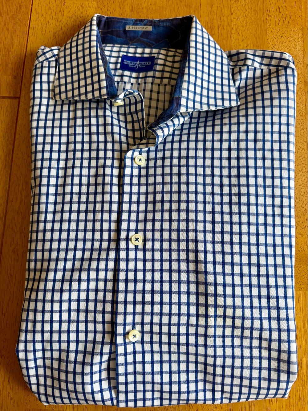 Vintage Adrian Jules Custom Shirt Mens L Made in USA Bespoke Blue Gingham Cotton
